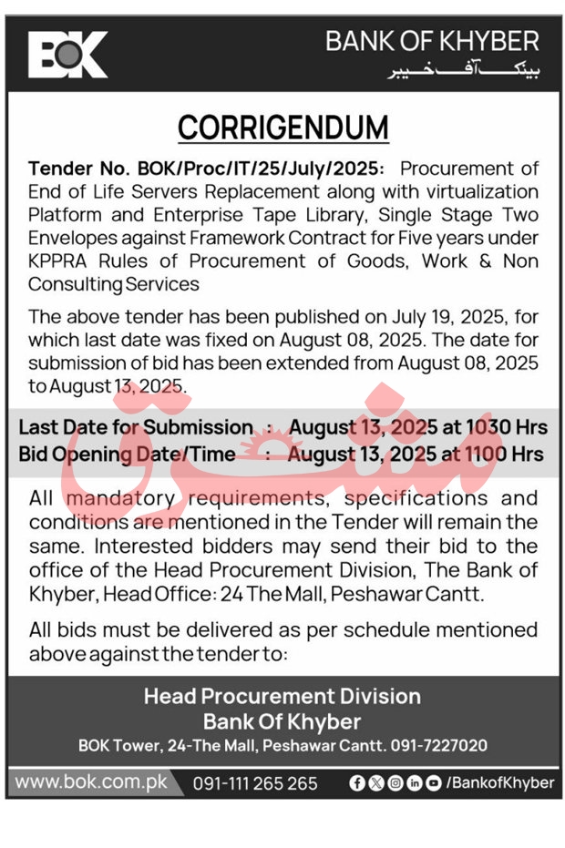 Bank of Khyber Tender Notice